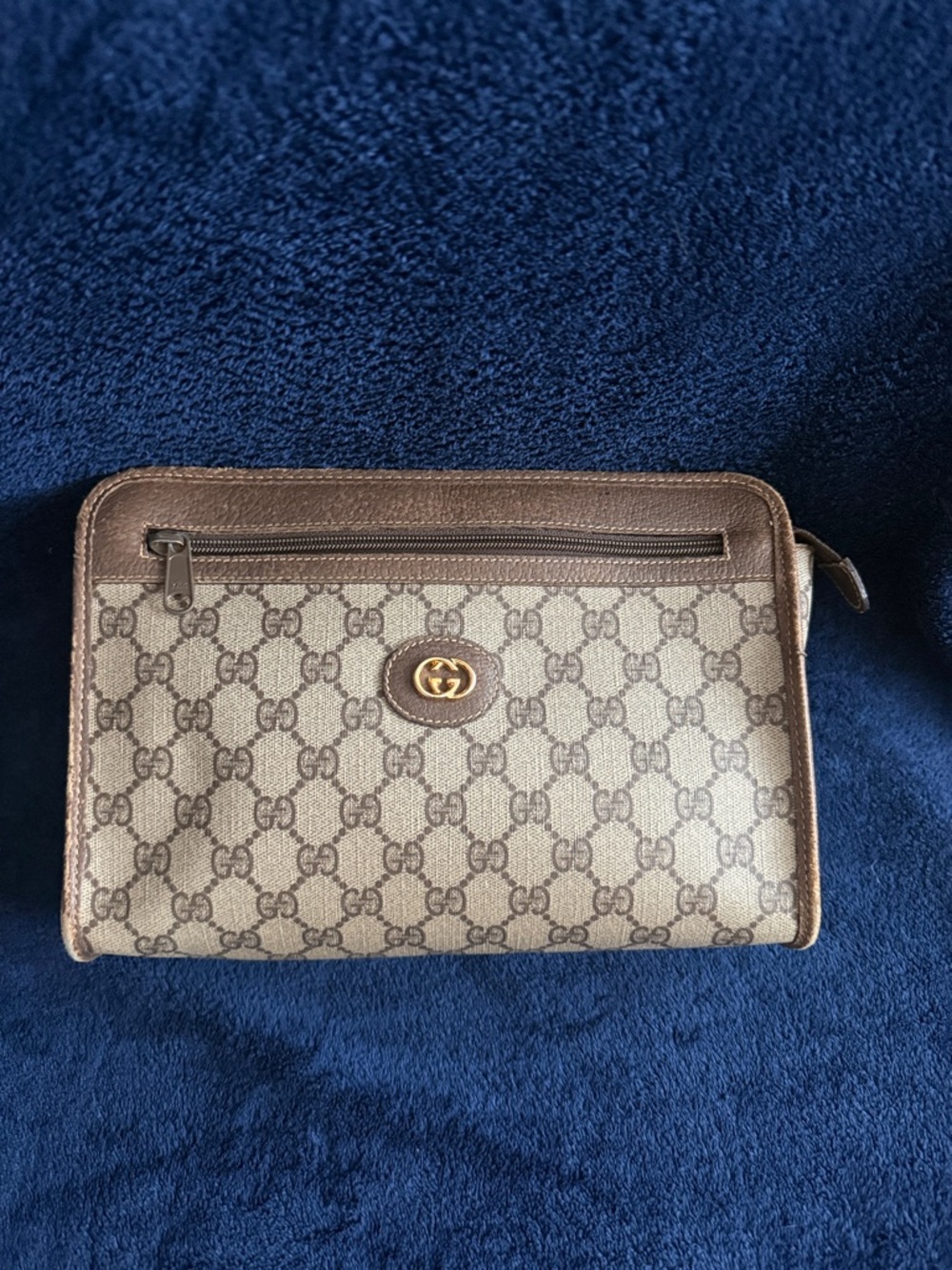 Authentic Gucci Brown and Beige GG Canvas Zip Pouch with Gold Emblem